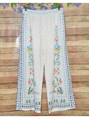 Boho Floral Wide Leg Pants XL White Border Print Summer Vacation Flowy Lounge